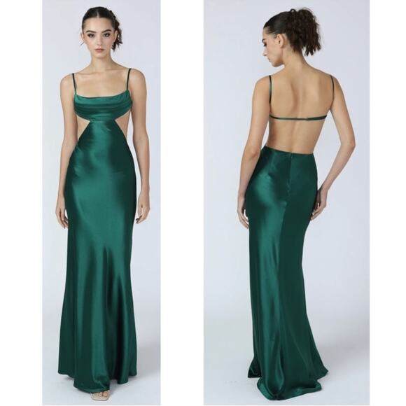 Sau Lee Paula Cutout Open Back Satin Emerald Green Maxi Dress Size 2 - Picture 3 of 10